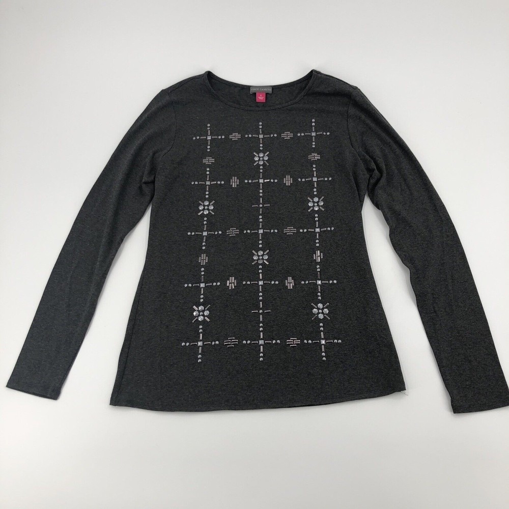 Vince Camuto Womens Top Small Gray Metal Stud Long Sleeve Stretch Rayon Knit NEW